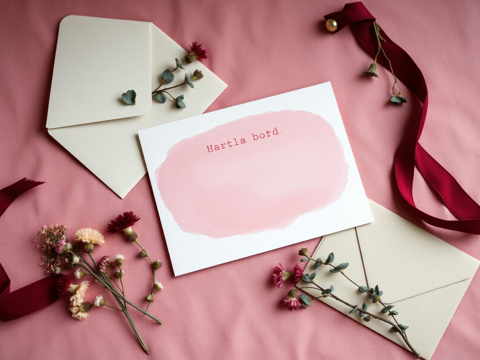 Hand-painted greeting card on a blush linen background with dried florals